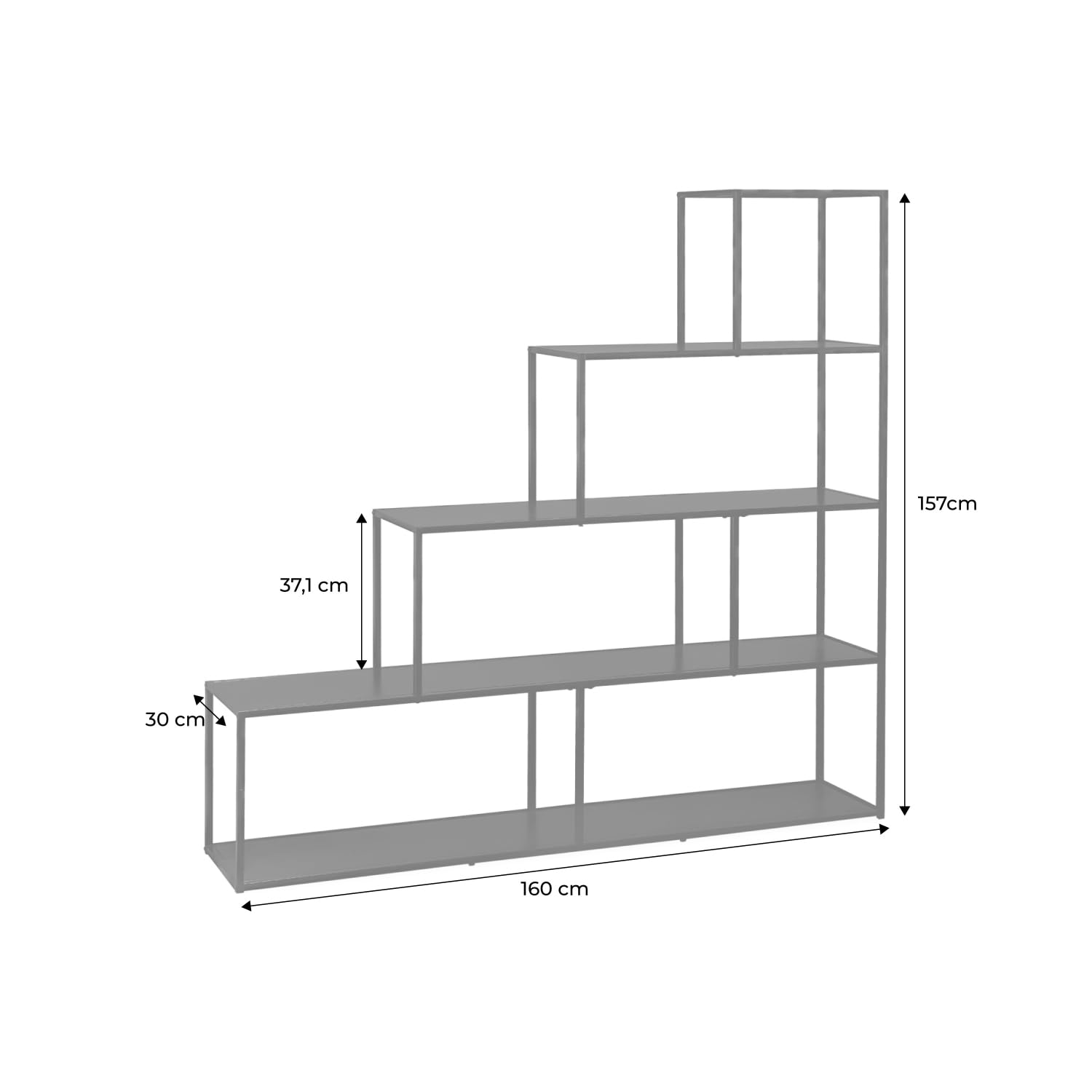 Libreria industriale a scala in metallo, 4 livelli Nero - 160x30x157 cm