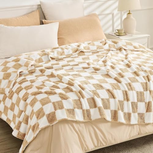 EMME Kuscheldecke Flauschige Decke - Karierte Decken 150 x 200 cm, Woven Sofadecke Weiche Warme Wolldecke&Fleecedecke, Tagesdecke, Überwurfdecke, Kuscheldecken für Couch, Beige