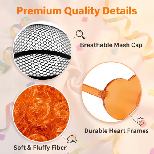 Image of FREE BEAUTY 8Pcs Orange Afro Wig with Heart Sunglasses for Women Men, Colored Short Fluffy Curly Funny Party Afro Wigs 70s 80s Disco Hair for Disco Birthday Bachelor Halloween Party Cosplay Costume