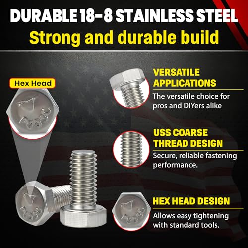 Image of Chenango Supply 3 /8-16 x 3 /4 inch Stainless Steel Hex Head Bolts - 304 Stainless, USS Coarse Thread, 100,000-125,000 PSI Tensile Strength, Corrosion-Resistant Hardware Bolts, (25 Pieces, 3 /8-16 x 75)