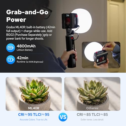 Image of Godox ML40R Mini RGB COB Video Light 40W, 1800K-10000K, Handheld Portable Full-Color COB LED Continuous Output Light w /Built-in Li-ion Battery,12300lux@1m, CRI /TLCI95, 14FX, APP NFC Control