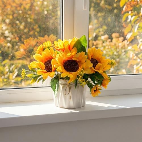 Image of Dekorly Artificial Lavender Plant in White Pot, 18cm - Realistic Faux Flower Arrangement for Home & Office Decor (Set of 1) (1, Sunflower)