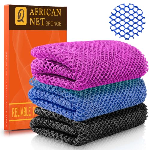 Image of UJFQBH 3 Pieces African Net Sponge Authentic, Nylon Bath Scrubber Exfoliating Body Scrubber, Dries Quickly, and Gradually Transforms Rough Skin into Smooth Black, Blue, Purple