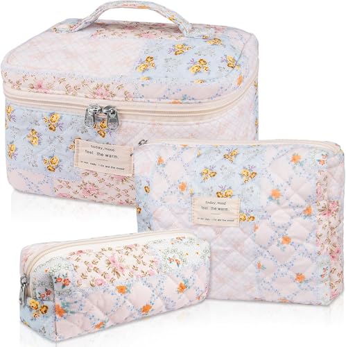 Image of Lyrovo Makeup Organizer Cosmetic Bag Quilted Large Floral Make Up Organize Set for Women Flower Travel Toiletry Bag (BWF)