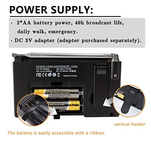 Rysamton Portable AM/FM/Shortwave Radio, Batteries Operated Pocket Radios, Large Digital Display, Clock Radio with Alarm and Sleep Function, Earphone Included