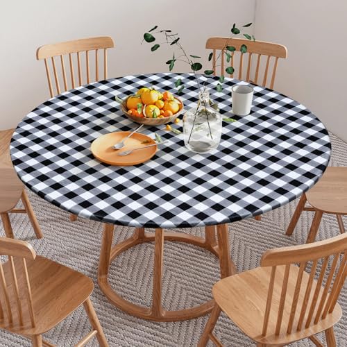 ausurme Fitted Vinyl Tablecloth, 60 Inch, Black White Checkered, Round