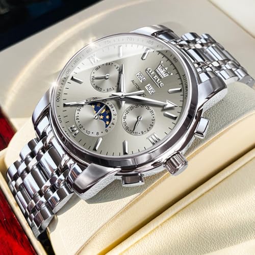 Image of OLEVS Automatic Men Watch Self Winding Mechanical Luxury Dress Moon Phase Stainless Steel Waterproof Luminous Calendar Wrist Watch