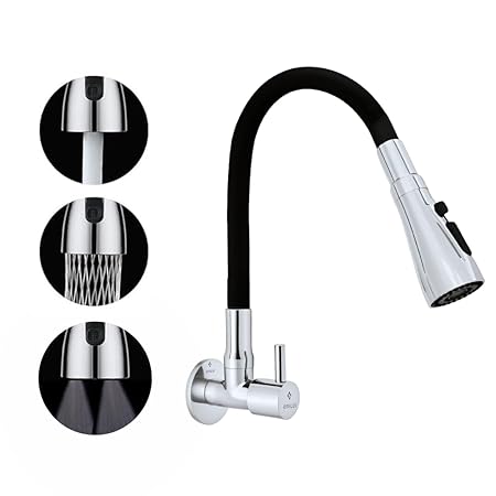 Enicet Flexible Neck Sink Tap for Kitchen, Wall Mount, Chrome Finish, 3 Flow Function, 360 Swinging Swivel Spout, Brass Build, Kitchen Sink Tap, (FE107 TF)