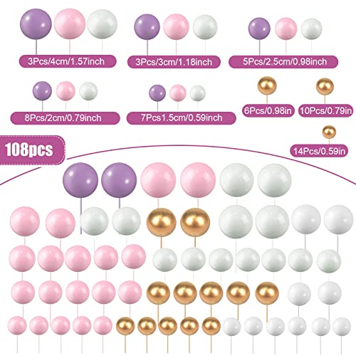 108 Pcs Balls Cake Topper Mini Balloons Cupcake Topper Diy Cake Insert Topper Foam Cake Balls Baking Decoration For Wedding Anniversary Birthday (Pink, Purple, White, Gold, Multi Sizes) #TOP2