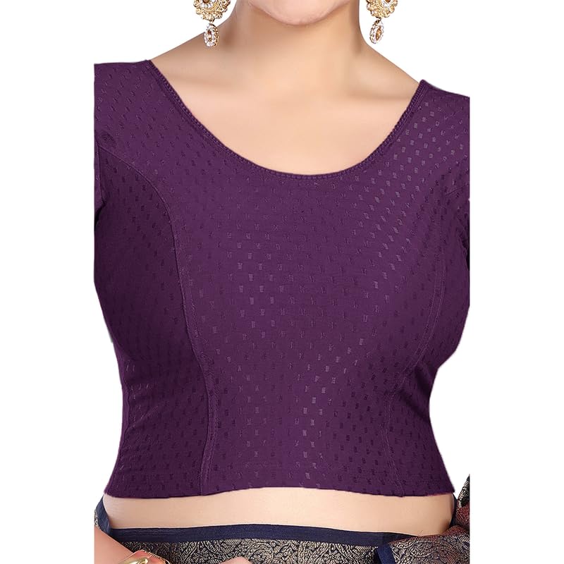 Image of FINESTFIT Round Neck Stretchable Elbow Sleeve Readymade Saree Blouse for Women, 100% Cotton Dobby Fabric