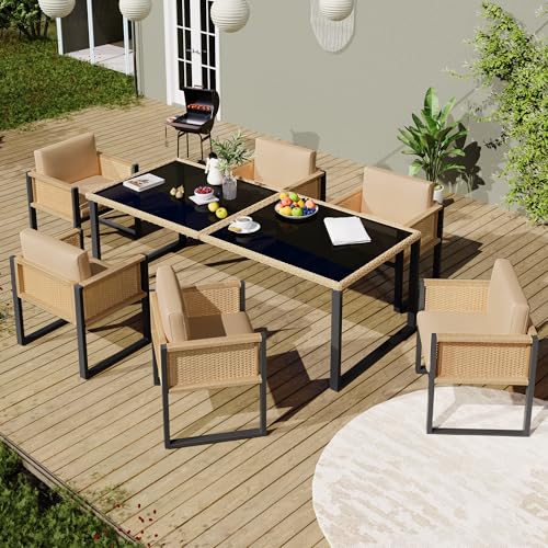 Terahanda Juego de mesa de comedor y silla de jardín de polirratán para 6 personas con sillones, fundas extraíbles y lavables