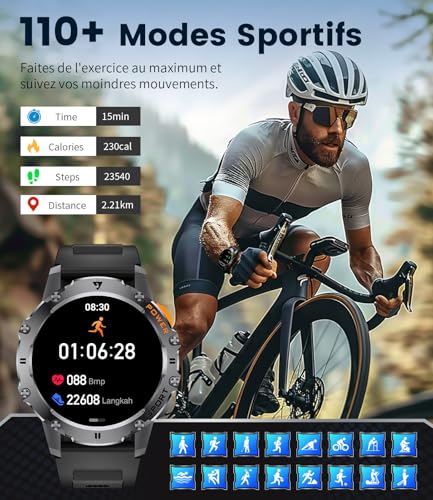 LIGE Montre Connectée Homme avec Appel Bluetooth/LED Lampe, 1.43" HD Smartwatch Homme avec 500 mAh Batterie/Fréquence Cardiaque Sommeil Moniteur/120+ Modes Sportifs pour Android iOS, Noir – Image 5