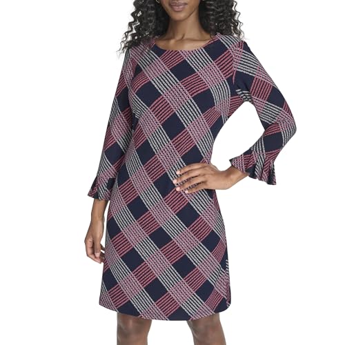 Image of Tommy Hilfiger Women's 3 /4 Ruffle Trim Sleeve Round Neck Jersey Shift Mini Dress