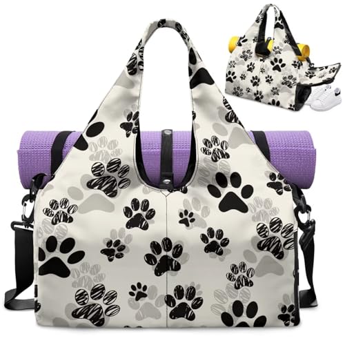 GLENLCWE Dog Paw Gym Bags with Shoe Compartment Durable Tactical Bag with Adjustable Strap Sports Duffle Bags Printed, Black and White Sports Bag for Exercises High School Workout