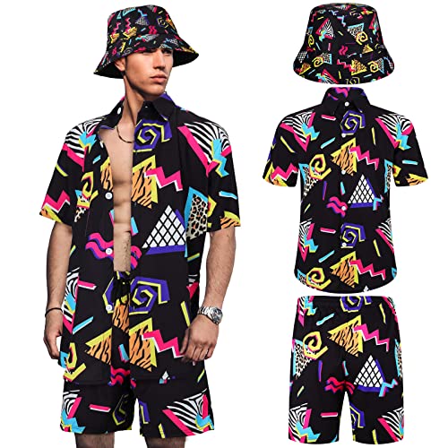 Geosar Mens 2 Pcs 80s 90s Outfit for Men Hippie Shirts and Shorts Set with Hat Neon Disco Halloween Party Costume Clothes(Stylish Color X-Large)