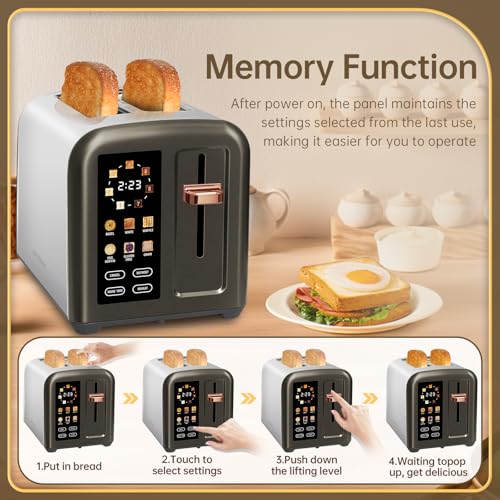 SEEDEEM Toaster 2 Slice, Full Touch Control Stainless Toaster, LCD Display, 50% Faster Heating Speed, 6 Bread Type, 7 Shade Setting, 1.5''Wide Slots, Removable Crumb Tray, 1350W, Dark Metallic