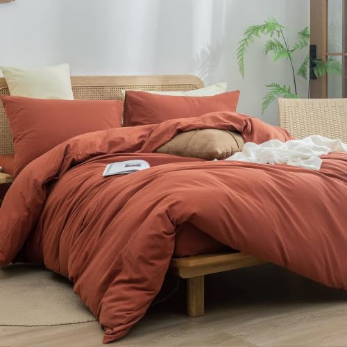Image of BESTOUCH Cotton Solid Duvet Cover Set Linen Feel Crimson Red Alaska King | 100% Washed Cotton, Soft Wrinkle Texture, Hidden Zipper, 8 Ties, Breathable Lightweight Durable Comfy, 3 Pcs No Insert