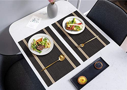 Image of YELONA Placemats Set of 4, Heat-Resistant Woven Vinyl Table Mats, Non-Slip & Washable Dining Tablemats for Kitchen & Dinner Decor, Black & Gold (45cm x 30cm)