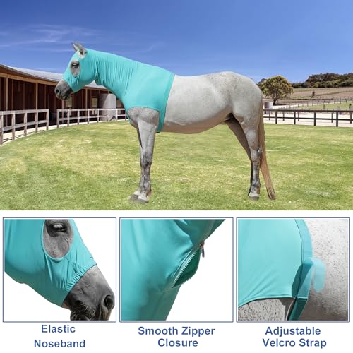 Image of Horse Slinky Hood with Zipper, Stretch Spandex Sleazy Hood for Mane Protection, Breathable Horse Neck Cover for Show Prep, Braids Saver, Sleek Grooming Under Blanket Use Turquoise Medium