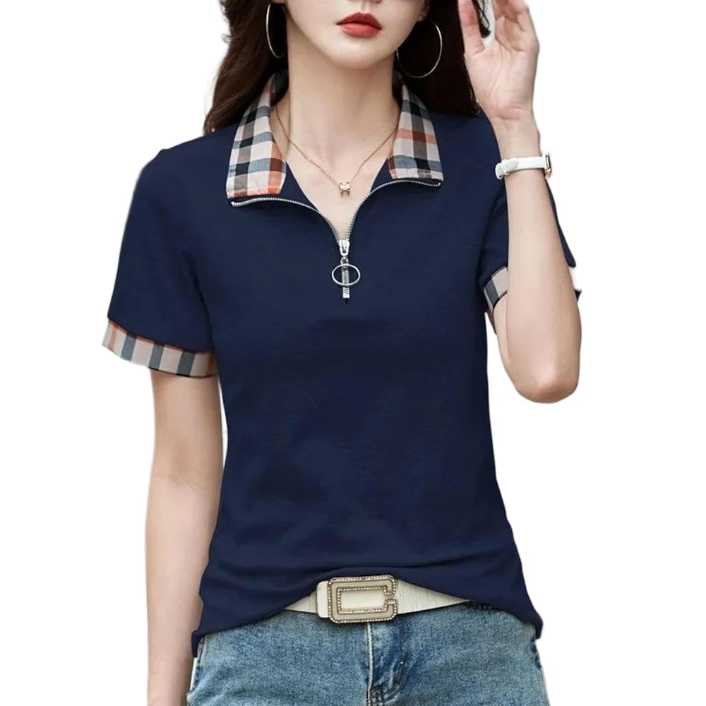 GLDFW T-shirt à manches courtes col à carreaux pour femme été léger de luxe en pur coton