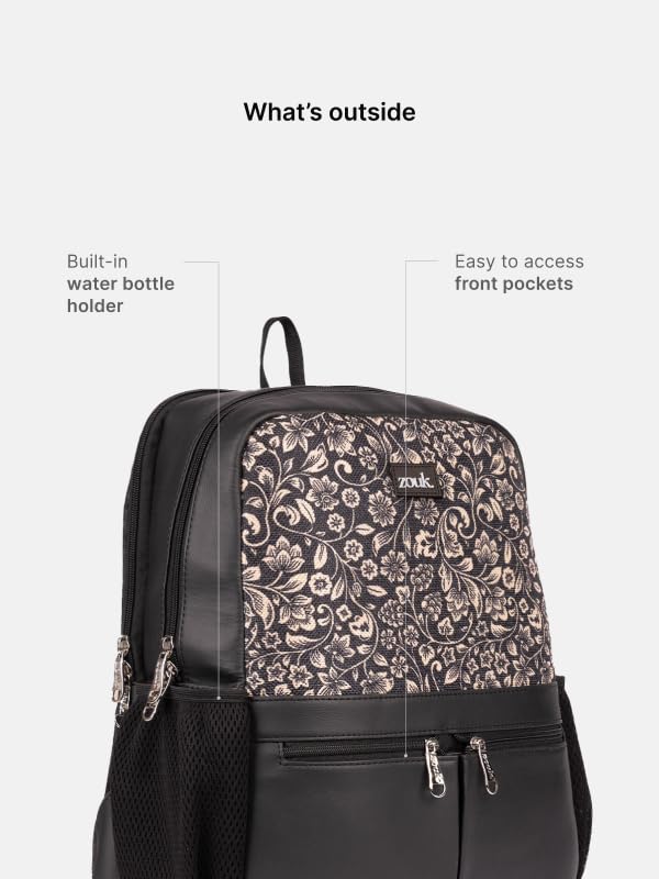 Image of ZOUK Women's Office Backpack | Vegan Leather & Handicraft Fabric | PeTA Approved | 15.6 Inch Laptop Compartment | Dual Zipper Pockets | Water Resistant | Trolley Passthrough | 17.5L