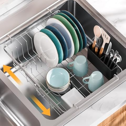 Homics Expandable in Sink Dish Drying Rack, Adjustable Capacity (10.5''-16'') Stainless Steel Over The Sink Dish Drying Rack, Dish Drainer for Kitchen Sink Counter with Utensil Holder Cover