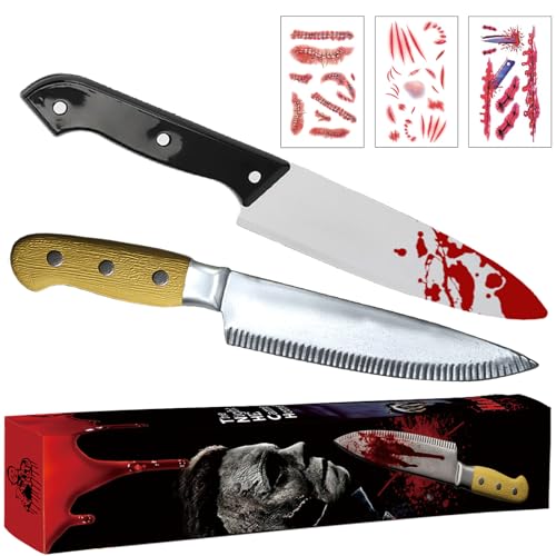 LIEOLGOH Halloween Fake Messer, 2 Stück Plastikmesser mit Blut + 3 Horror Tattoo Aufkleber, Blutige Messer in zwei Ausführungen, Klassiker...