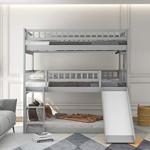 Harper & Bright Designs Full-Over-Full-Over-Full Bunk Bed Triple Bunk Bed with Slide, 3 Bunk Bed Triple Bed with Built-in Ladder and Guardrails for Kids and Teens (Grey)