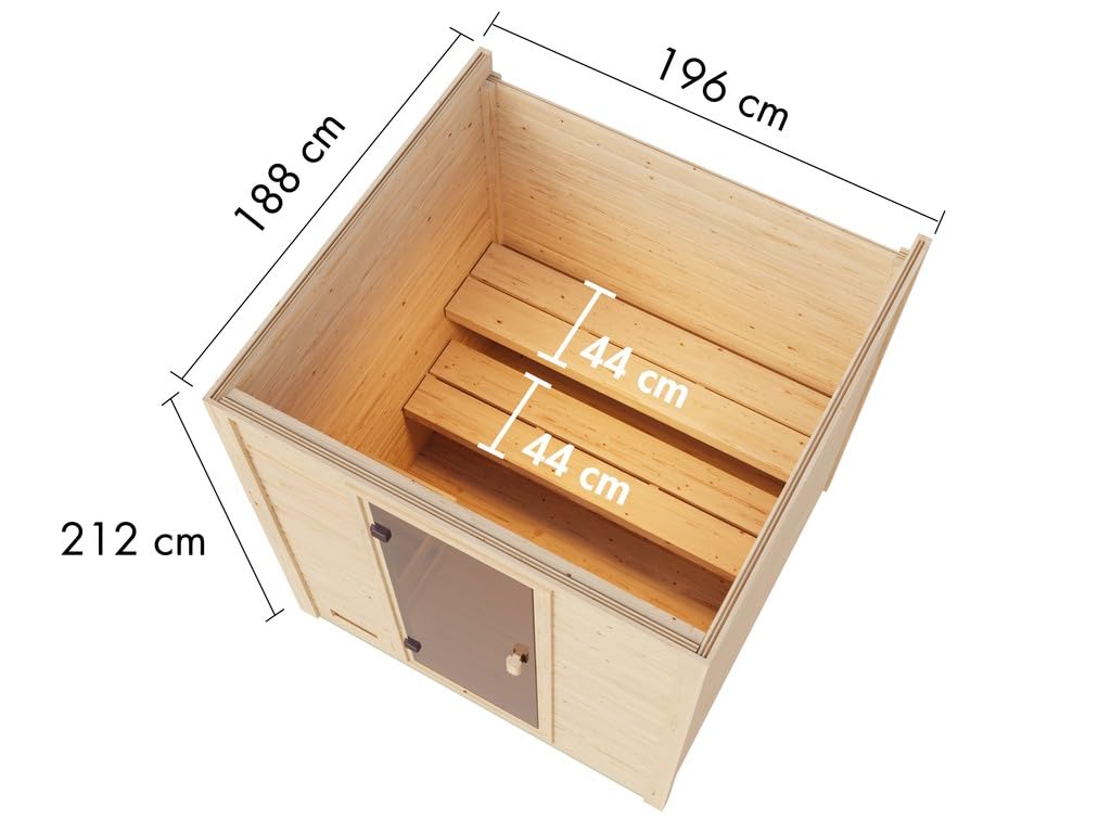 Karibu Gartensauna 195,6x189,9x212,4cm Fichte bronzierte Glastür 2 Liegen Fronteinstieg Massivholz 9kW Saunaofen EXT. Steuerung Saunasteine 2-4 Personen Boden