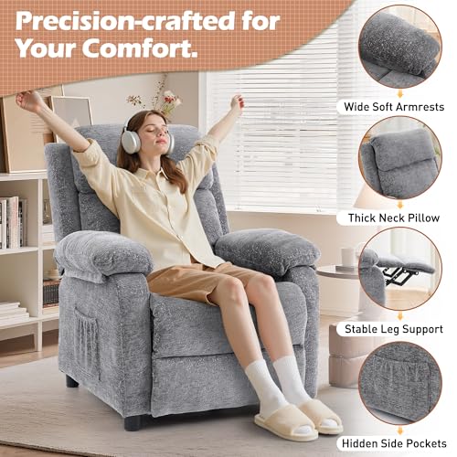 Image of Korser Recliner Chair, Living Room Chairs for Adults, Padded Deep Seat Reading Chair with Side Pockets, Small Recliners for Small Spaces, Lounge Chair for Living Room, Bedroom, and RV (Chenille)