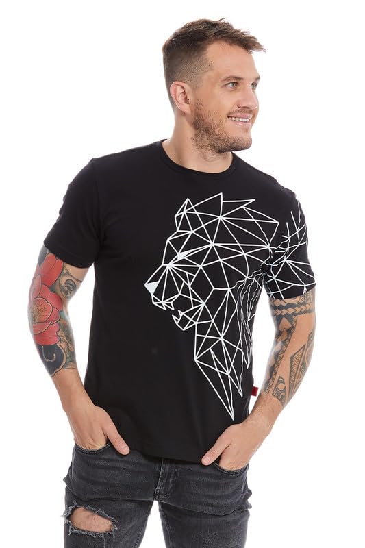 Blusas, Softlines Private Label Aditivo Playera de Hombre Casual Manga Corta, Playera Estampada Diseño Original León Geometrico Color Negro. (Negro EG)