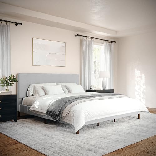 Image of Martha Stewart Britta Platform Bed with Headboard & Footboard, Faux Linen Upholstery with Piping Detail, Rounded Headboard, No Box Spring Needed, King, Gray