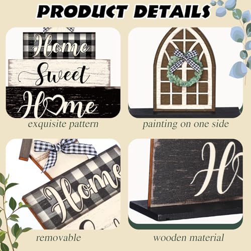Image of Yuntau 6 Pcs Farmhouse Table Decorations Home Sweet Home Tabletop Centerpiece Wooden Black and White Plaid Table Topper Signs for Kitchen Shelf Desk Decor Housewarming Gifts Holiday Party Supplies