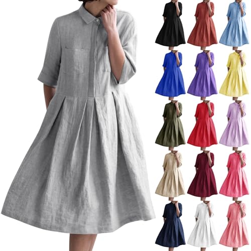 Hemdkleid Damen Sommer Hemdblusenkleid mit 1/2 Ärmeln Elegant Kleider Knielang Damenkleid Baumwolle Leinen Sommerkleid Revers Einreihiges Leinenhemd...
