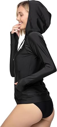 AXESEA Womens Hooded Rash Guard UPF 50+ Zip Up Long Sleeve Swim Shirt