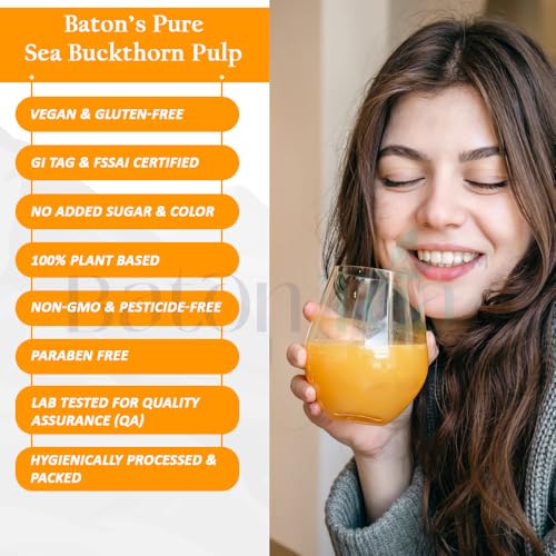 Image of BATON Himalayan Sea Buckthorn Pulp 300ml | 12x Vitamin C for Skin Glow & Immunity | Pure Ladakh Berry concentrate | Omega 3,6,7,9 & 190+ Nutrients | Gut Health | No Sugar | Natural Superfood (300ml Pack 2)