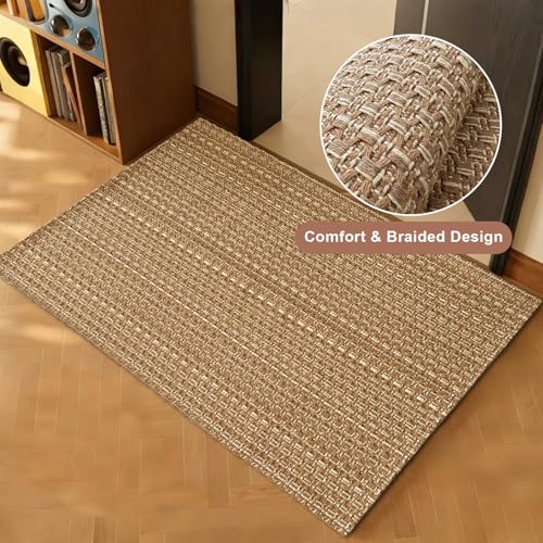 Tan Brown Boho Braided Entryway Rug 2x3 ft,Solid Indoor Small Area Doormat | Neutral solid braided mat suitable for front porch,bathroom,kitchen and b