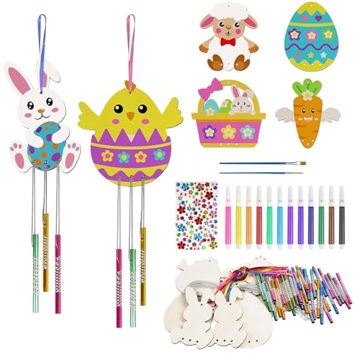Ainiv 12Pcs Bricolage Carillon à Vent en Bois, Pâques Décoration Suspendue DIY Activité Manuelle Anniversaire Loisirs Créatifs Cadeau Anniversaire Fête