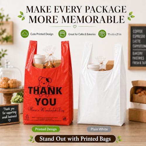 Image of YoYoRain Red Thank you T shirt bag, Grocery shopping bag Reusable and Disposable Supermarket Bag 11''x6''x21'' 100PCS
