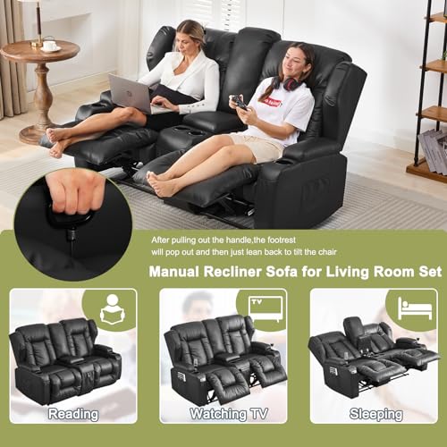Image of SAMERY 65.5 inch RV Loveseat Recliner Double Recliner RV Sofa & Console | Wall Hugger Loveseat Reclining RV | RV Theater Seats | RV Couch | RV Home Theater Seating Furniture (Faux Leather Black)