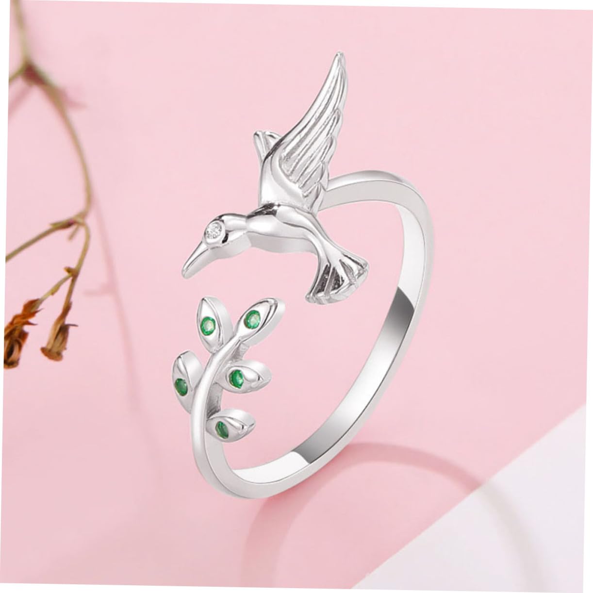 HANABASS Anillo Abierto de Colibrí y Hojas para Mujer, Joyas de Anillo Ajustable, Diseño Ligero de Metal Seguro, Moda para Chicas Adolescentes, Uso Diario, Tamaño Único, Color Platino