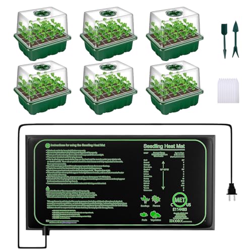 6-Pack Seed Starter Trays with 10'x20.75' Seedling Heat Mat for Indoor Home Gardening Seed Starting, 72-Cell Seed Starter Kit with Humidity Dome(12 Cells per Tray), MET Certified