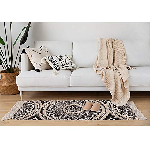 Seavish Tufted Cotton Rug, 2.3X5.2 Black Mandala Boho Rug For Bedroom, Hand Woven Bohemian Runner Throw Rugs, Shag Accent Fringe Tassel Rug For Bedside Kitchen Laundry Room Rug #TOP6