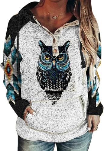 FENXIXIONE Femmes Motif Hibou Sweat à Capuche Style Ethnique Occidental Imprimé Loup Sweat à Capuche Animal Manches Longues Pull Top Avec Poche (S,# 1)