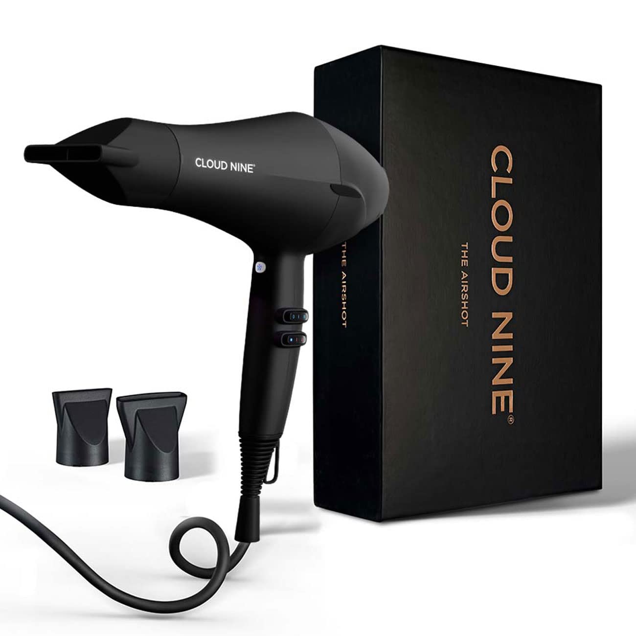 Cloud Nine Airshot Haartrockner, schneller 2000-W-Föhn, Anti-Frizz, Schwarz | Anti-Statik, 3 Temperatur-/Leistungsstufen, Cool-Shot, 2 Styling-Düsen, schnelles Trocknen, glattes Haar, alle Haartypen