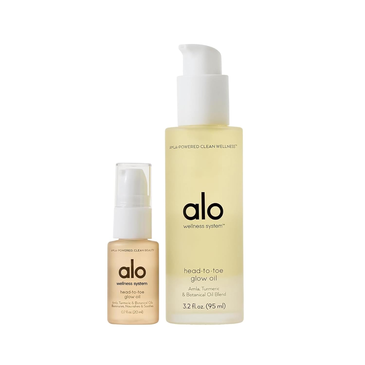 ALO Head-to-Toe Glow Oil + Travel | Glow-Boosting Natural Dry Body Oil | Jojoba, Amla, Aloe & Vitamin E | Hydrates & Nourishes Skin | Citrus Scent | 3.2 + 0.7 Oz