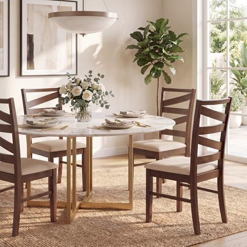 Image of COSTWAY Wooden Dining Chairs Set of 4, Farmhouse Kitchen Side Chair with High Back, Fabric Padded Seat, Armless Chairs for Dining Room, Living Room, Home Kitchen, Restaurant (Brown & Beige)