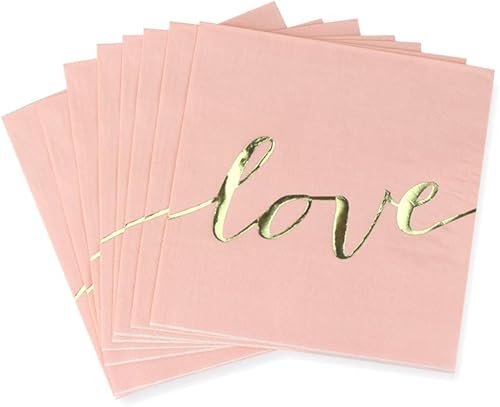 Miniatura 2 de Dulousia Servilletas de papel rosa estampadas con letras de amor doradas brillantes, plegadas de 6.5 x 6.5 pulgadas, desplegadas de 13 x 13