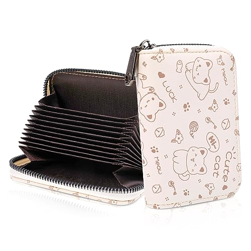 Credit Card Holder Small for Women, Women's PU Leather Wallet RFID Blocking Ladies Blocked Accordion Wallets with Stainless Compact Ladies Purse Accordion Card Case Card Organizer with Coin Pocket,Cat