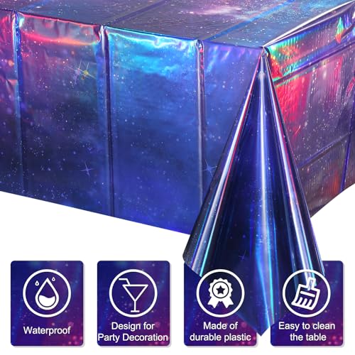 Image of 12Pcs Iridescent Space Tablecloths, Disposable Plastic Purple Galaxy Table Cloth Rectangle Table Covers for Space Starry Night Star Theme Party Birthday Party Decorations, 54x108 Inch
